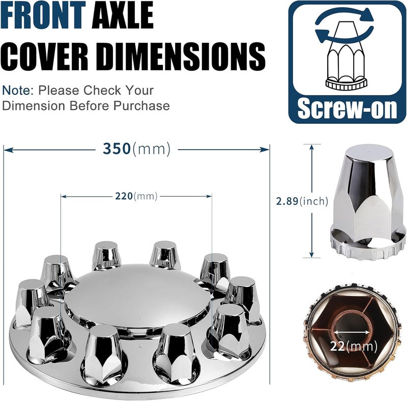 Wehymne Axle Wheel Covers for Semi Truck - 2 Front Hub Covers with 33mm Thread-On Chrome Lug Nut Covers for Semi Truck (Installation Tool Included) - Image 3
